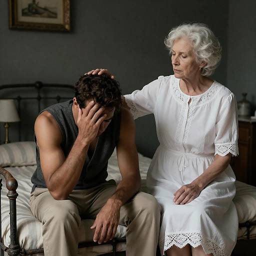 Emotional Moment on an Old Bed