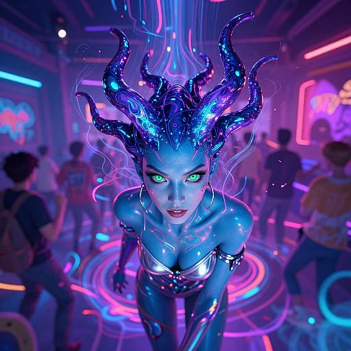 Cyberpunk digital art: glowing blue alien woman with neon horns and green eyes, wearing metallic armor, in a neon-lit club.