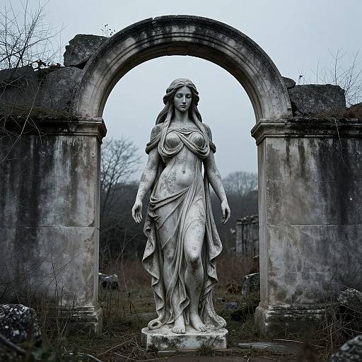 Photograph of a white marble statue of a serene, draped woman standing under a weathered, stone archway in a misty, overgrown graveyard