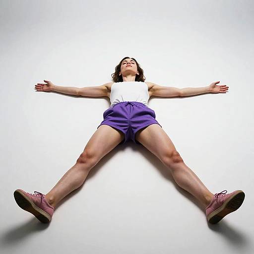 Photograph of a woman lying on a white floor, arms outstretched, wearing a white tank top, purple shorts, and pink sneakers. Low