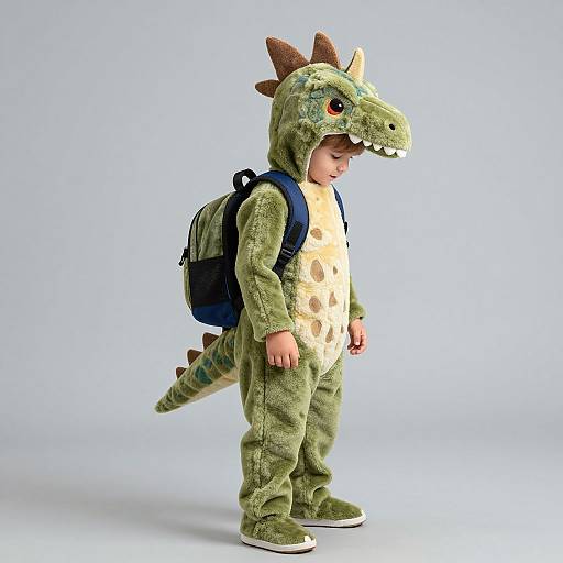 Photograph of a young child in a green dinosaur onesie with brown spikes, wearing a blue backpack, standing in profile against a light gray background.
