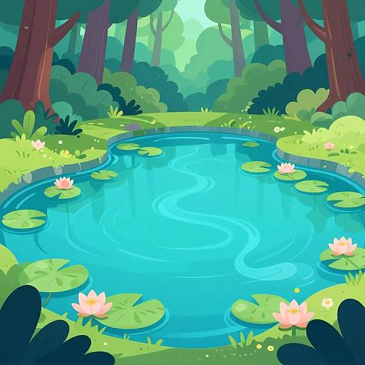 Digital illustration of a vibrant, serene forest pond with bright blue water, floating lily pads, pink lotus flowers, and lush greenery.