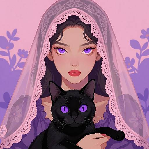 Enchanting Woman with Purple Eyes and Cat