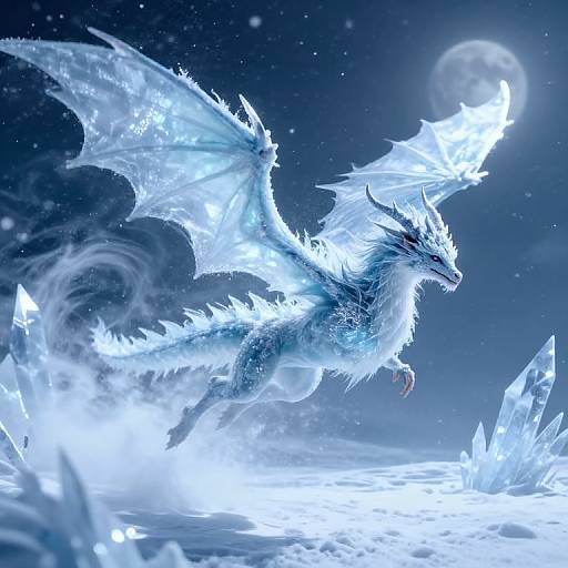 Digital painting of a glowing, ice-blue dragon with crystalline wings and horns, leaping against a starry night sky with a full moon, surrounded