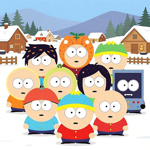 Cartoon-style drawing of eight wide-eyed, round-headed characters in winter village, wearing colorful hats and clothes, with snowy houses and mountains in the background