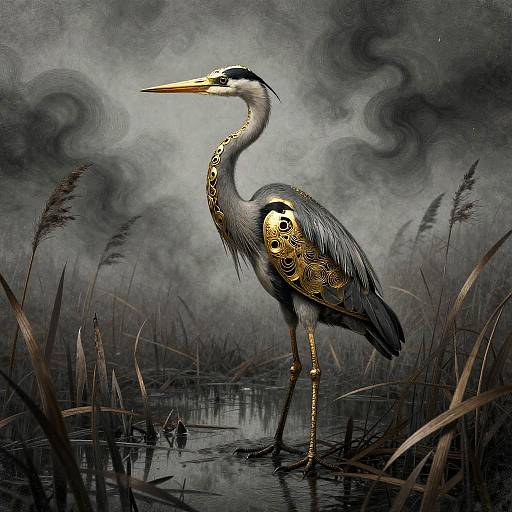 Clockwork Heron in Foggy Marsh