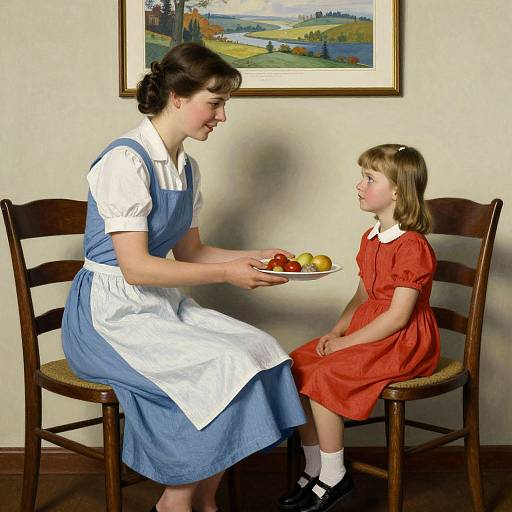 Photograph of a 1950s-style scene: adult woman in blue dress and apron offering plate with apples to young girl in red dress,