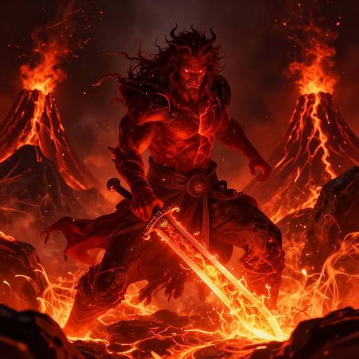 Digital artwork of a fierce, horned demon with glowing red eyes, wielding a fiery sword, kneeling amidst blazing volcanic eruptions.