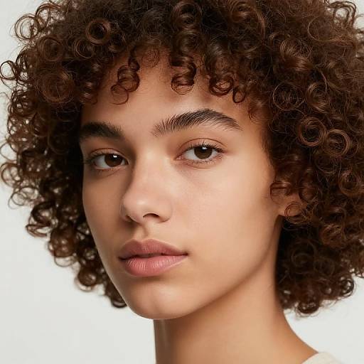 Photograph of a young woman with light brown skin, curly dark brown hair, and brown eyes, set against a white background.
