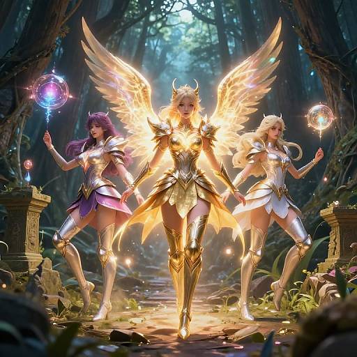 Digital fantasy artwork of three angelic female warriors with glowing wings, golden armor, and magic orbs in a mystical forest.