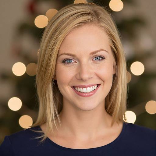 Photograph of smiling blonde woman with blue eyes, wearing a black top, against a blurred Christmas tree with warm bokeh lights.