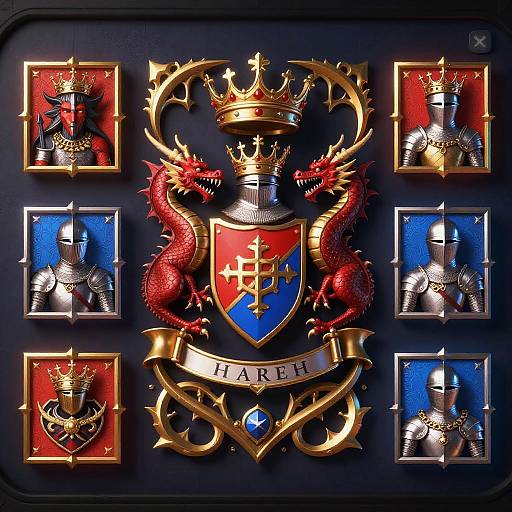 Digital artwork of a heraldic coat of arms featuring a red dragon and silver knight, crowned, with a blue and red shield, surrounded by four mirrored
