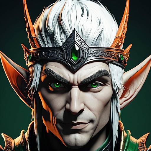 Digital portrait of a stern-faced, white-haired elven warrior with green eyes, orange horns, ornate black crown, and green gemstone, set