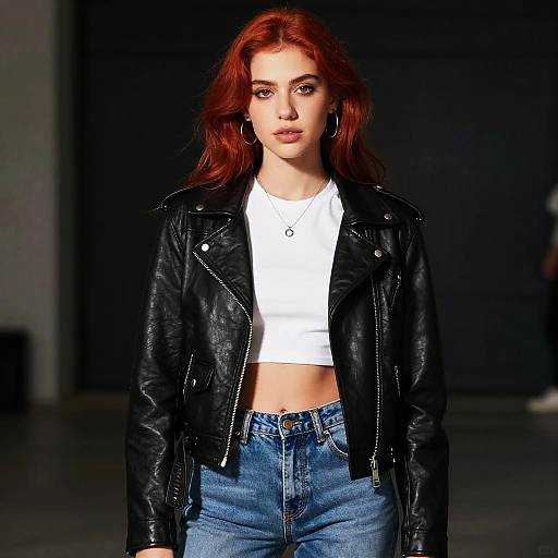 Photograph of a red-haired woman in a black leather jacket, white crop top, and high-waisted blue jeans, walking on a dark runway