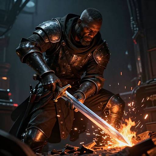 Photograph of a bearded black armored warrior wielding a glowing sword, igniting sparks as he strikes a fiery forge in a dark, industrial setting.