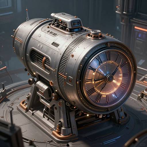 Photorealistic CGI of a futuristic, metallic clock mechanism with a glowing blue and orange face, mounted on a sleek, industrial platform.