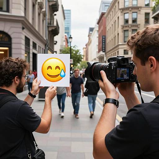 Photograph of two men in the foreground; one holding a smiley face emoji card, the other with a camera, capturing pedestrians in a bustling city