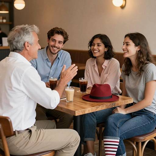 Group chatting in cozy café