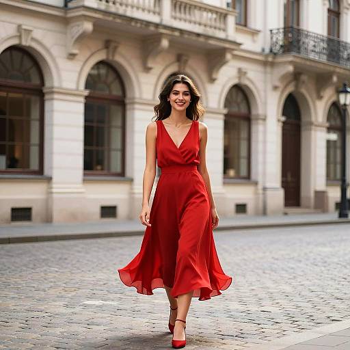 Elegant Woman in Red Dress on Street