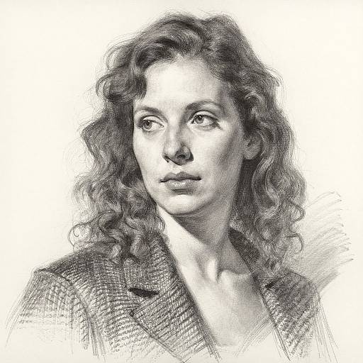 Black-and-white pencil sketch of a woman with curly hair, wearing a textured jacket, gazing slightly to the right.