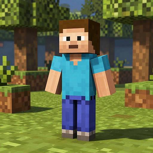 Pixel art of a blocky, 8-bit Minecraft character with brown hair, blue shirt, blue pants, standing in a grassy forest.