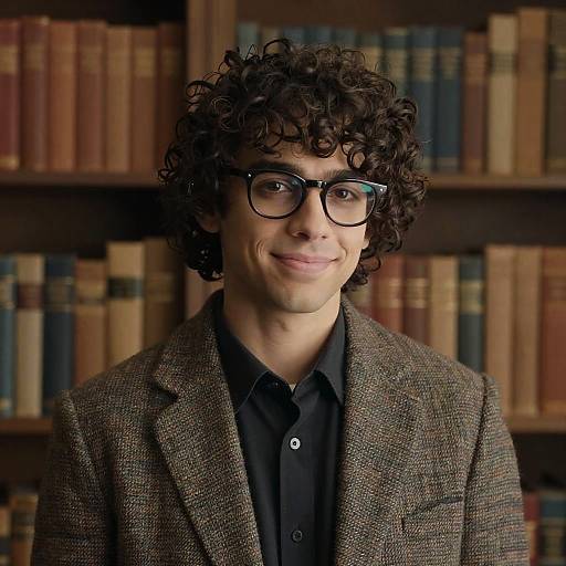 Photograph of a curly-haired man with glasses, wearing a brown tweed blazer over a black shirt, smiling in a library with bookshelves