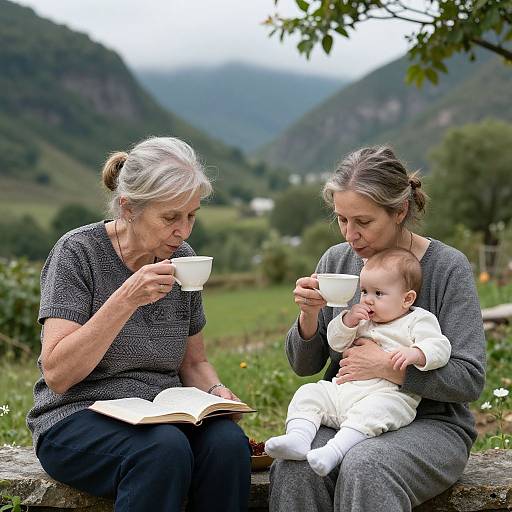 Photograph of elderly woman with gray hair, wearing black shirt, and younger woman with brown hair, in gray sweater, sipping tea with baby in