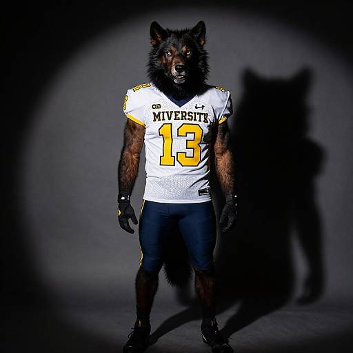 Photograph of a muscular anthropomorphic wolf wearing a white 