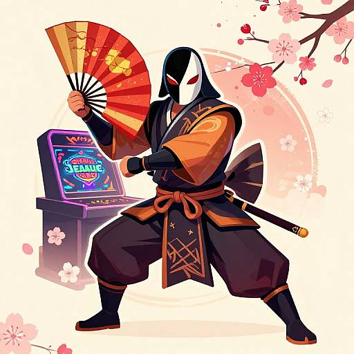 Digital illustration of a black-masked samurai holding a red-orange fan, standing before a neon arcade game, surrounded by cherry blossoms.