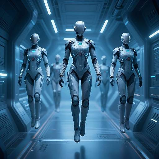 CGI image of four futuristic, blue-lit humanoid robots walking in a sleek, metallic corridor with glowing lights. Robots have sleek, armored bodies,