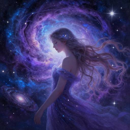 Digital art of a serene woman with flowing hair, wearing a blue off-shoulder dress, surrounded by a glowing, cosmic nebula.