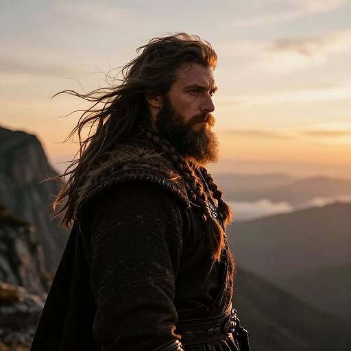 Photograph of a bearded man with long, wind-swept hair, wearing a fur-lined cloak, silhouetted against a sunset over