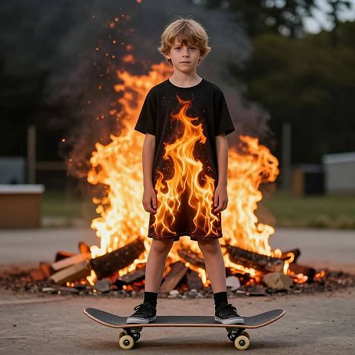 Boy with Skateboard by Fire