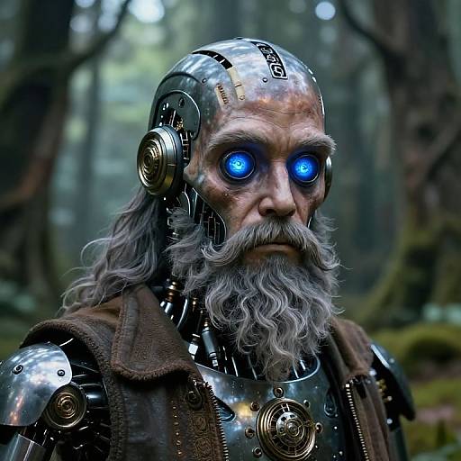 Digital CGI of a bearded, elderly man with glowing blue eyes, wearing metallic cybernetic armor in a misty forest.