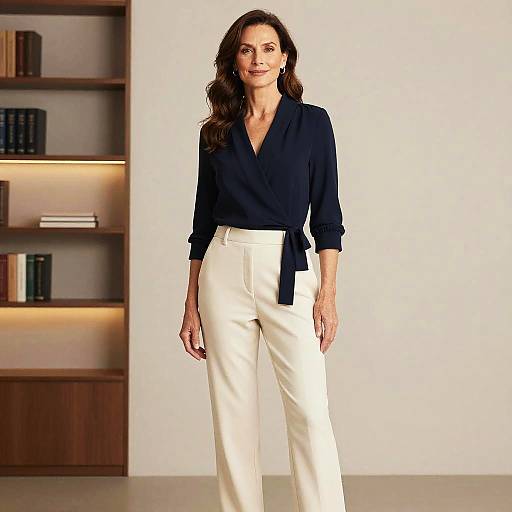 Elegant Middle-Aged Woman in Navy Wrap Blouse and Cream Trousers