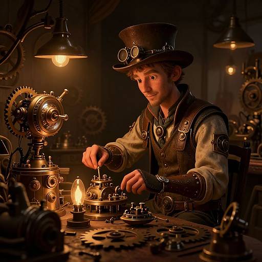 Steampunk Inventor in Cluttered Workshop