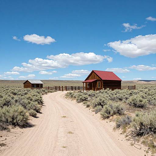 Photograph of a desert landscape with a dirt path leading to two rustic wooden buildings, one with a red roof, under a bright blue sky with scattered