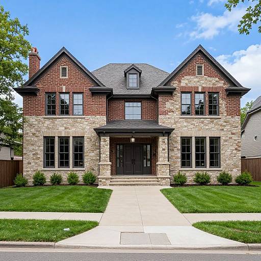 Photograph of a two-story brick and stone house with a black roof, large windows, front porch, and manicured lawn.