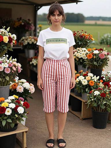 Photograph of a young woman with dark hair in a bun, wearing a white tee and red-striped capri pants, standing in a flower shop with