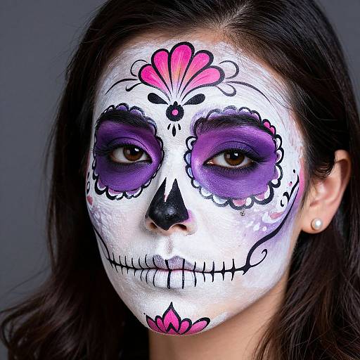 Photograph of a woman with white face paint, purple eye sockets, black nose, and pink floral designs, in a Day of the Dead style.