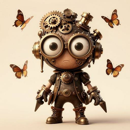 CGI chibi-style character with steampunk gears on head, large eyes, brown leather outfit, holding tools, surrounded by four orange butterflies.