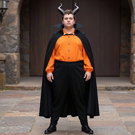 Photograph of a young man dressed as a devil in an orange shirt, black skirt, and cape with black horns, standing on a stone path in