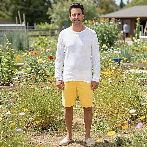 Photograph of a young man with short black hair, wearing a white long-sleeve shirt, yellow shorts, and white sneakers, standing in a