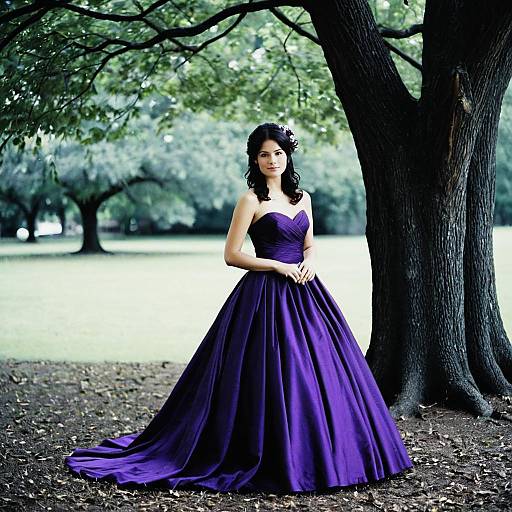 Woman in Elegant Purple Dress by Tree