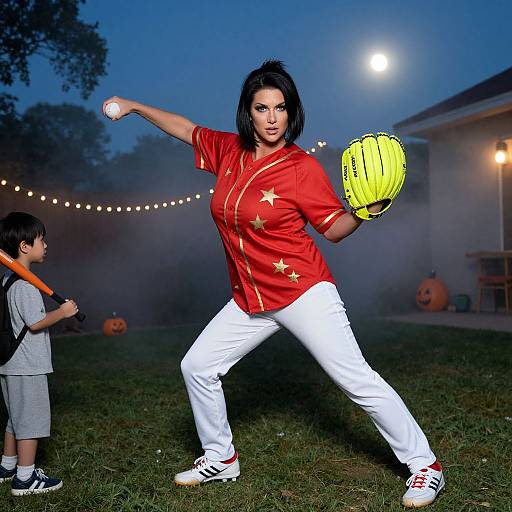Photograph of a dark-haired woman in a red baseball jersey and white pants, holding a yellow glove, preparing to throw a ball, with a young