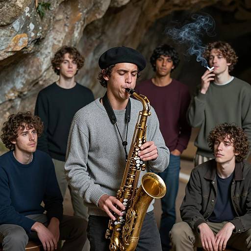 Young Men in Cave with Saxophonist