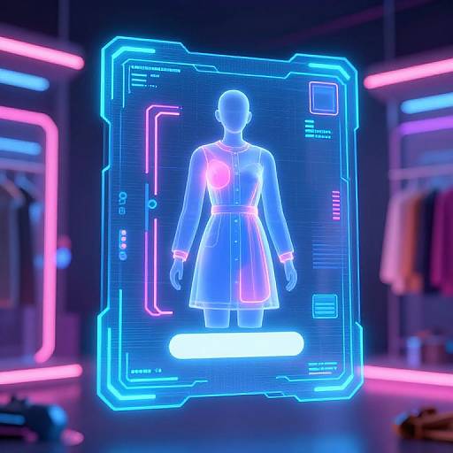 Neon-lit digital display of a transparent, blue-illuminated dress silhouette in a futuristic clothing store with pink and blue LED lights.