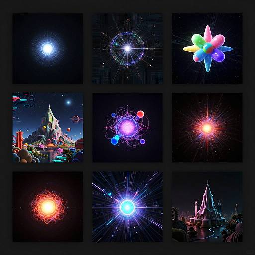 Digital artwork collage of nine vibrant, neon-lit cosmic scenes: stars, galaxies, colorful space shapes, and celestial landscapes in dark backgrounds.