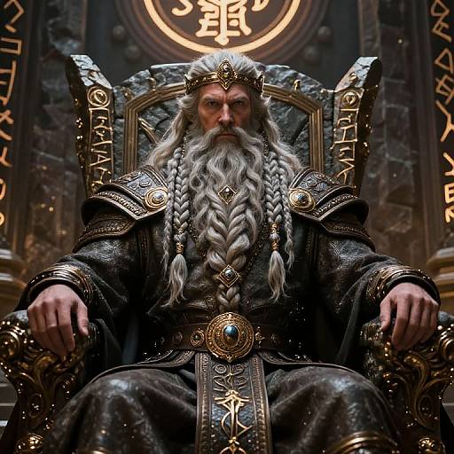 Digital artwork of a regal, bearded old man with a long braided beard, wearing ornate black and gold medieval armor, sitting on an