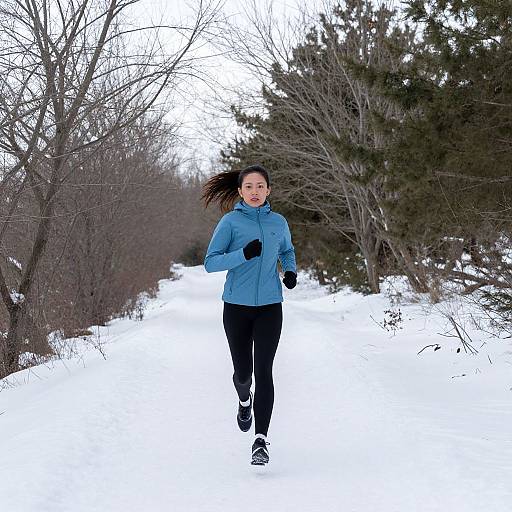 Photograph of a woman jogging on a snowy path, wearing a blue jacket, black pants, gloves, and sneakers, with bare trees and evergreen
